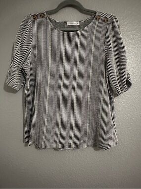 Retrology Stripe Blouse with Button-Shoulder Detail -Black & White, petite large